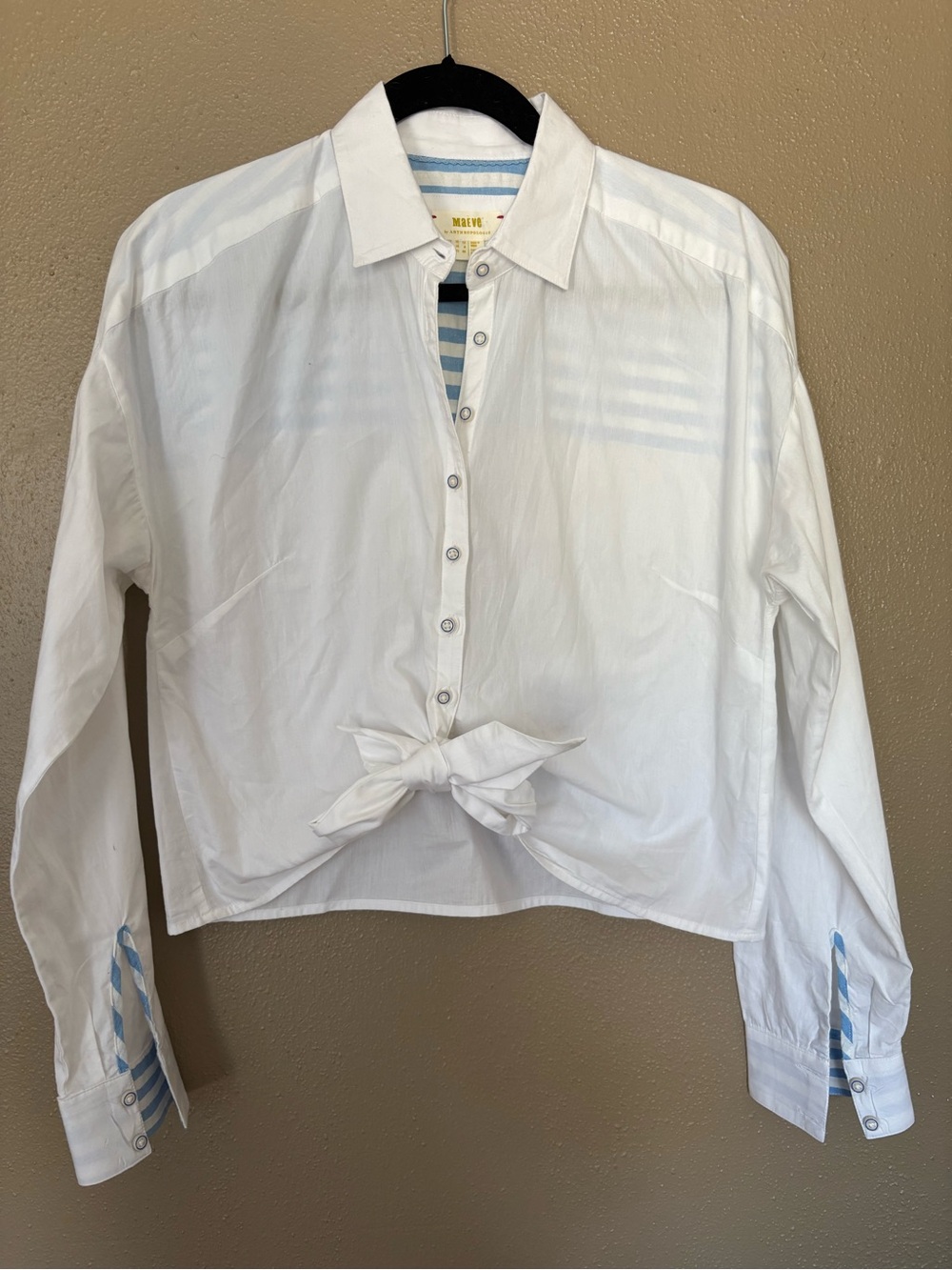Anthropologie White Tie-Front Button Down Shirt with Blue Stripe Accents